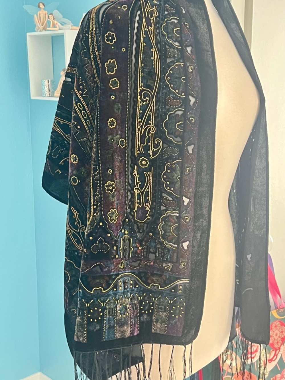 Embroidered Velvet Black Fringe Shawl